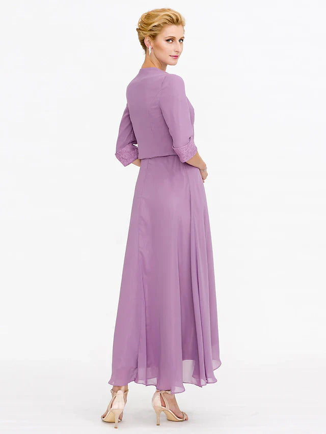 Wholesale Two Piece Ball Gown A-Line Mother of the Bride Dress Formal Church Convertible Dress High Low See Through Illusion Neck Asymmetrical Chiffon Lace 3/4 Length Sleeve with Crystals