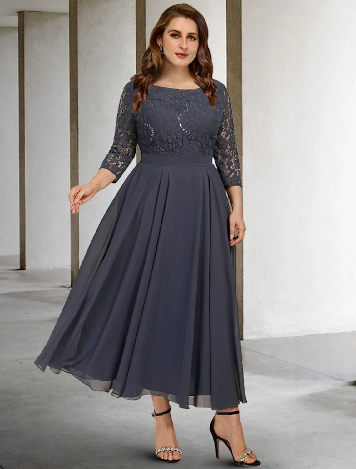 Wholesale A-Line Mother of the Bride Dresses Plus Size Hide Belly Curve Elegant Dress Formal Tea Length 3/4 Length Sleeve Jewel Neck Chiffon with Pleats