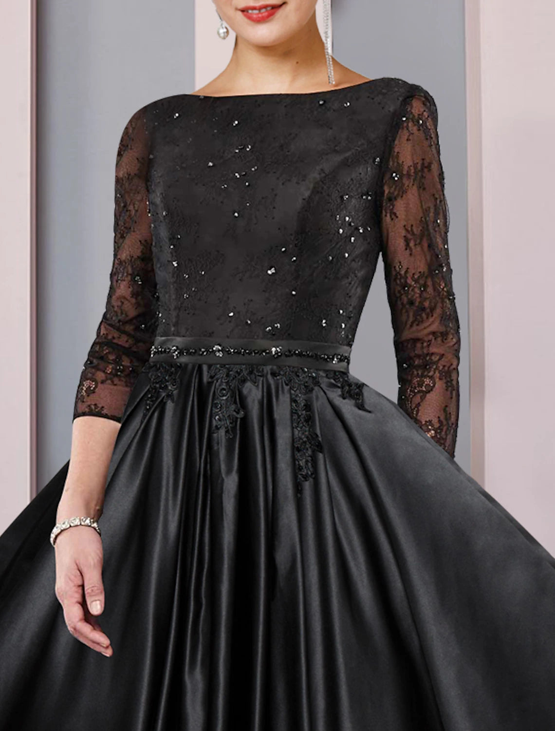 Wholesale  A-Line Mother of the Bride Dress Formal Wedding Guest Party Elegant Scoop Neck Tea Length Satin Lace 3/4 Length Sleeve with Sash / Ribbon Pleats