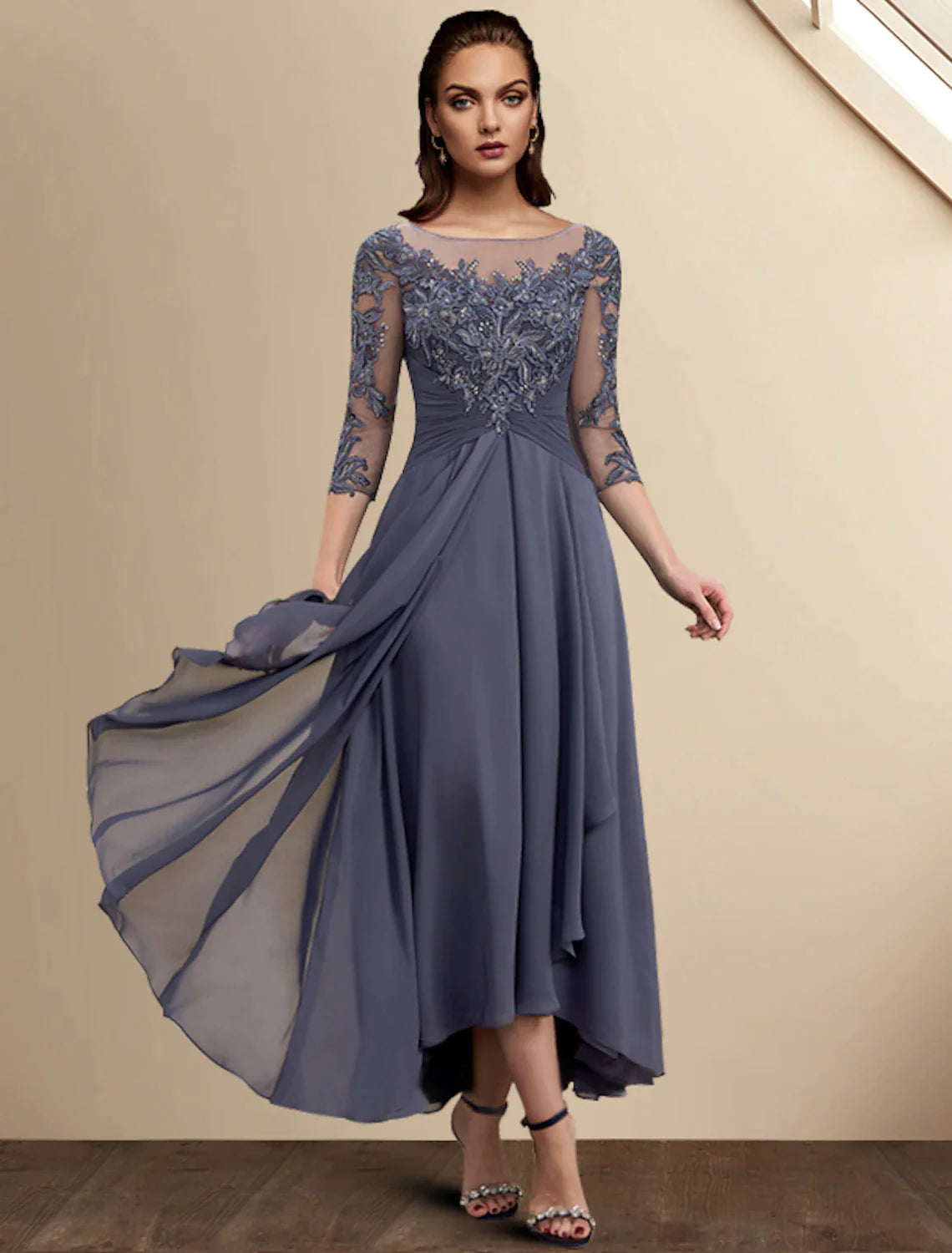 Wholesale A-Line Mother of the Bride Dress Wedding Guest Plus Size Elegant High Low Jewel Neck Asymmetrical Tea Length Chiffon Lace 3/4 Length Sleeve with Sequin Appliques Fall