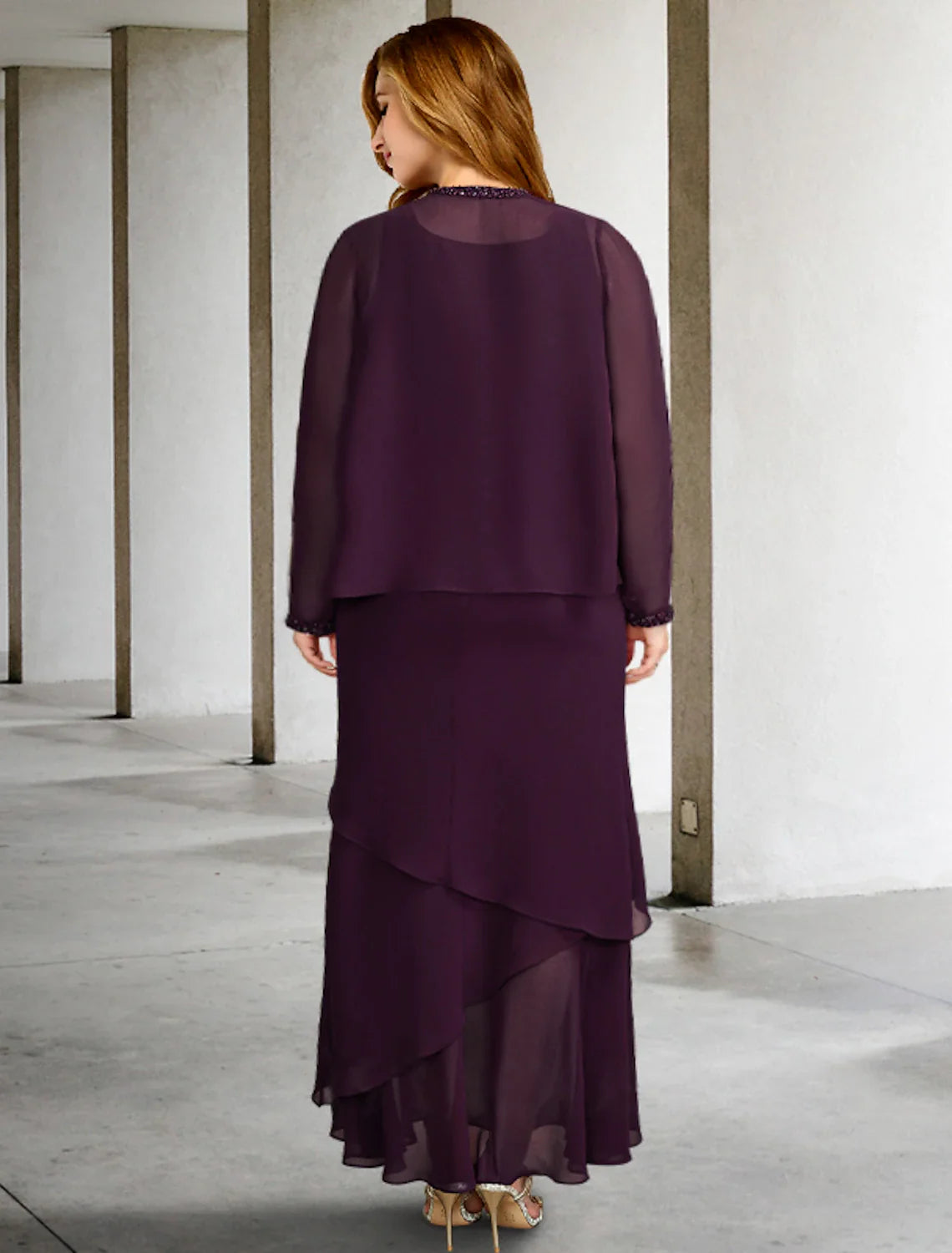 Wholesale Two Piece A-Line Plus Size Curve Mother of the Bride Dresses Elegant Dress Formal Ankle Length Sleeveless Square Neck Chiffon with Beading Ruffles