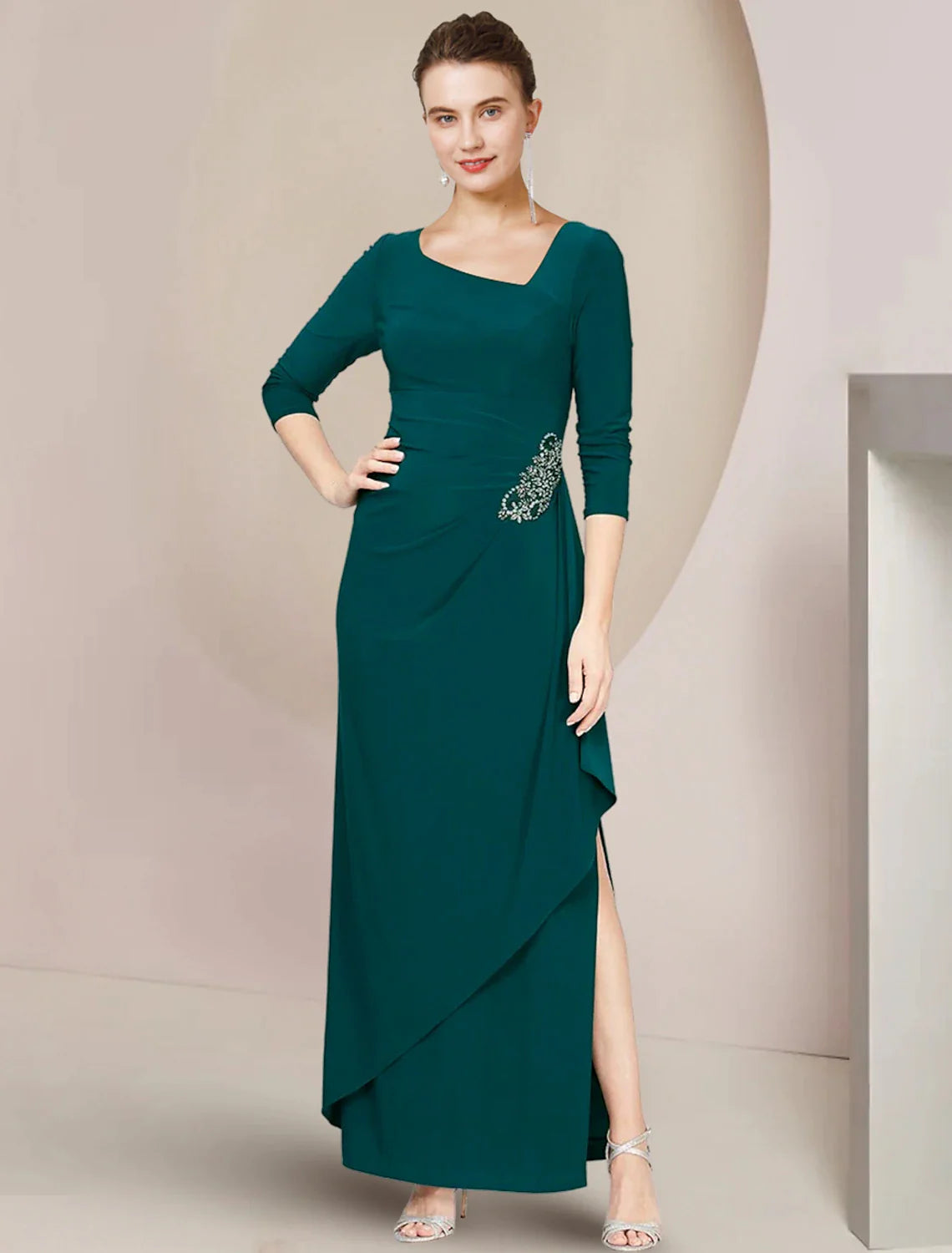 Wholesale Sheath / Column Mother of the Bride Dress Wedding Guest Elegant Scoop Neck Ankle Length Stretch Chiffon 3/4 Length Sleeve with Crystals Ruffles Split Front