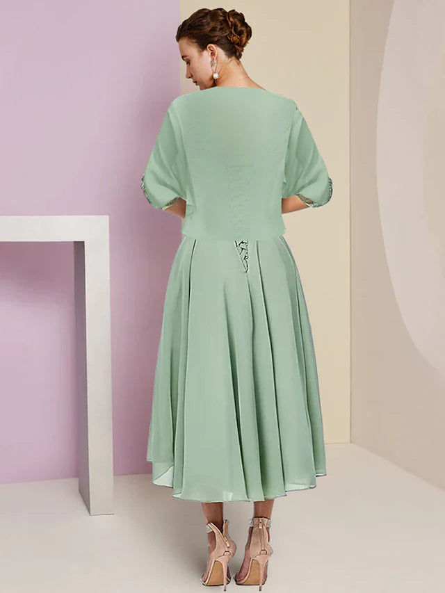 Wholesale Two Piece A-Line Mother of the Bride Dress Formal Wedding Guest Elegant High Low Scoop Neck Asymmetrical Tea Length Chiffon Lace Half Sleeve Wrap Included with Beading Appliques