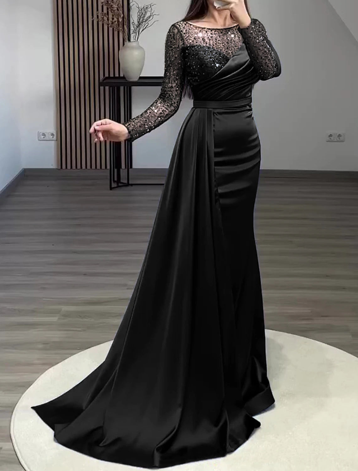 Wholesale Mermaid Dress Evening Gown Christmas Red Green Dress Formal Wedding Guest Court Train Long Sleeve Jewel Neck Charmeuse with Ruched Pearls Sequin