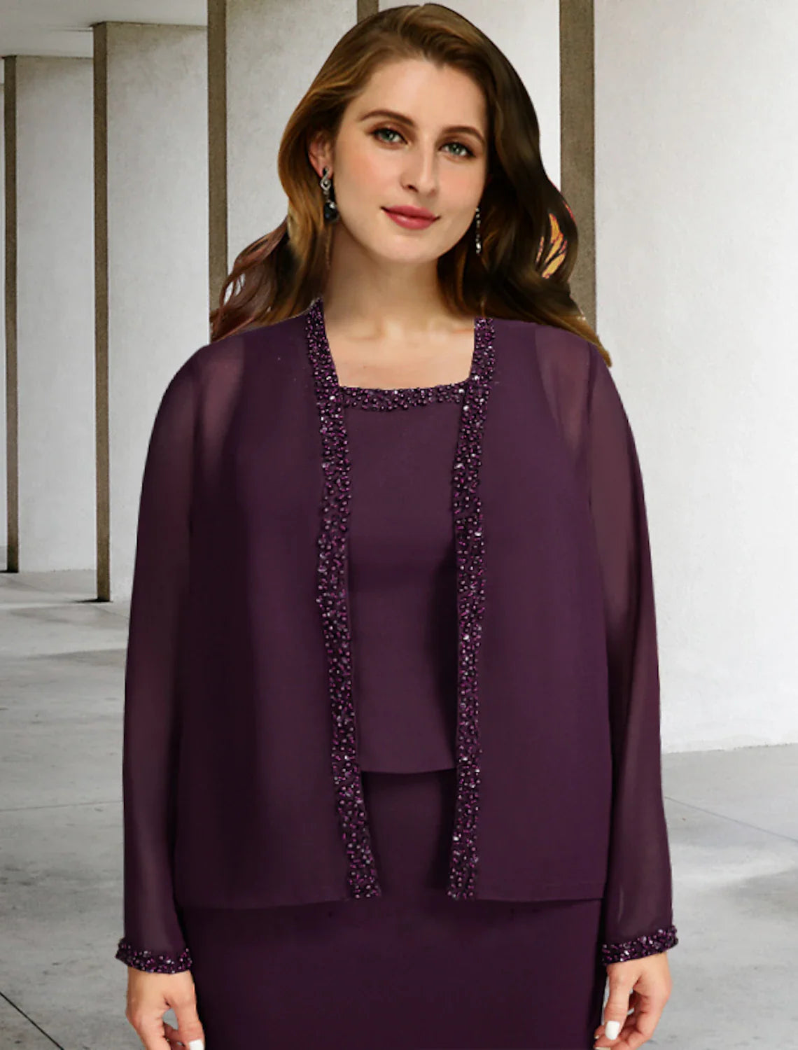 Wholesale Two Piece A-Line Plus Size Curve Mother of the Bride Dresses Elegant Dress Formal Ankle Length Sleeveless Square Neck Chiffon with Beading Ruffles