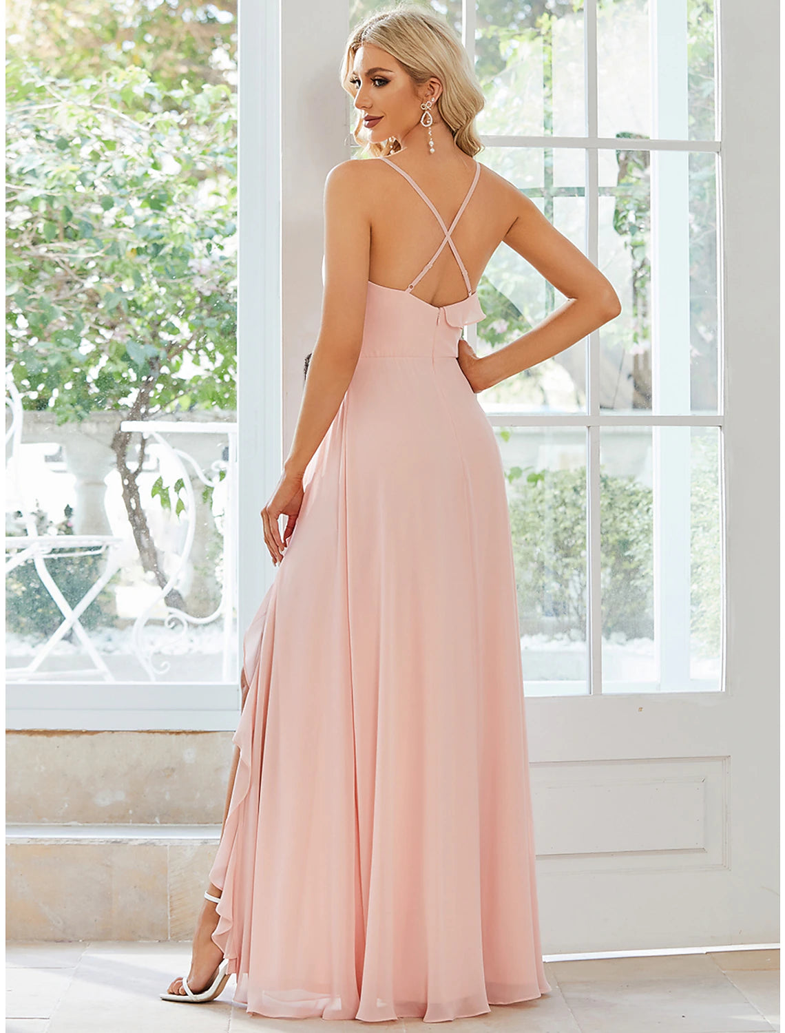 Wholesale  A-Line Wedding Guest Dresses Casual Dress Party Wear Wedding Party Floor Length Sleeveless Spaghetti Strap Chiffon with Ruffles Slit