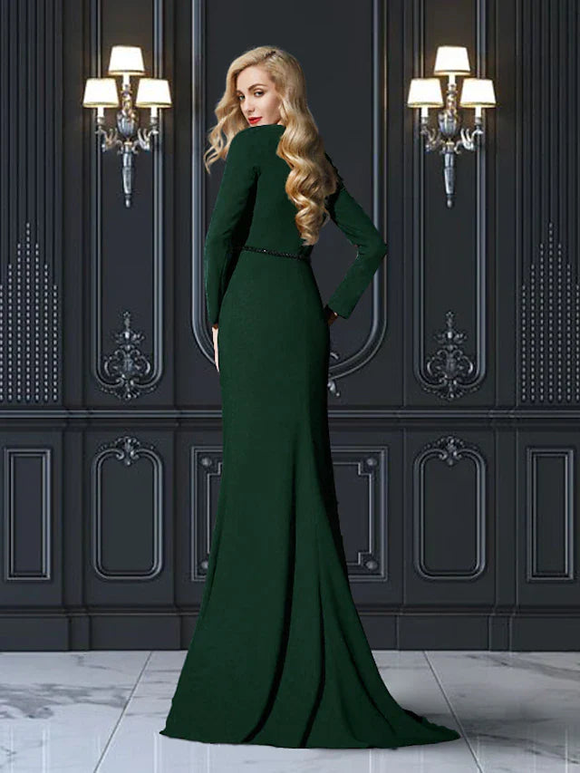 Wholesale Sheath / Column Mother of the Bride Dress Plus Size Elegant Jewel Neck Sweep / Brush Train Chiffon Long Sleeve with Sash / Ribbon