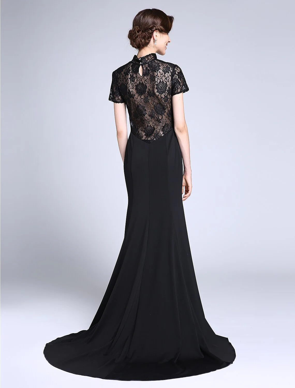 Wholesale Mermaid / Trumpet Mother of the Bride Dress Vintage Inspired High Neck Sweep / Brush Train Lace Jersey Short Sleeve No with Lace