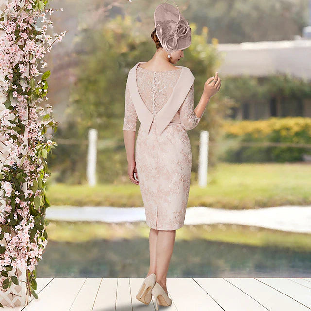 Wholesale Sheath / Column Mother of the Bride Dress Elegant Jewel Neck Knee Length Lace Half Sleeve with Sash / Ribbon Appliques