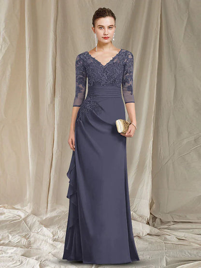Wholesale Sheath / Column Mother of the Bride Dress Plus Size Elegant V Neck Floor Length Chiffon 3/4 Length Sleeve with Ruffles Appliques