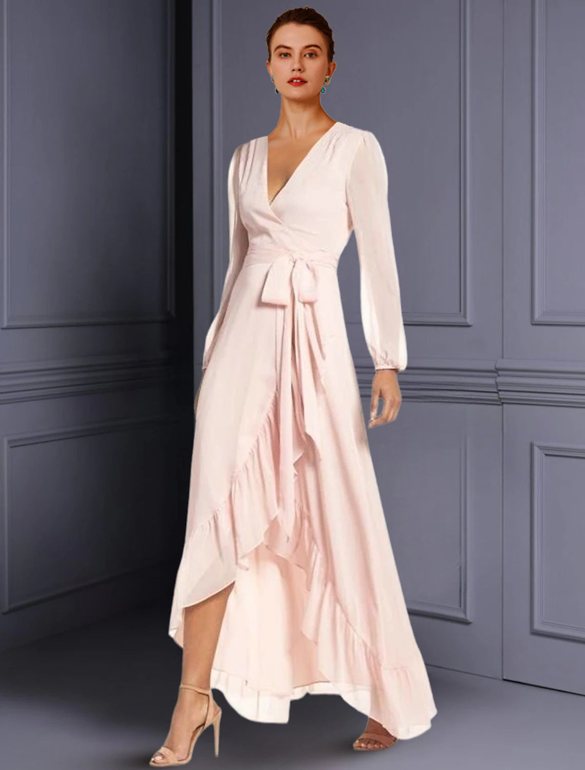 Wholesale  A-Line Mother of the Bride Dress Wedding Guest Elegant High Low V Neck Asymmetrical Tea Length Chiffon Long Sleeve with Ruched Split Front