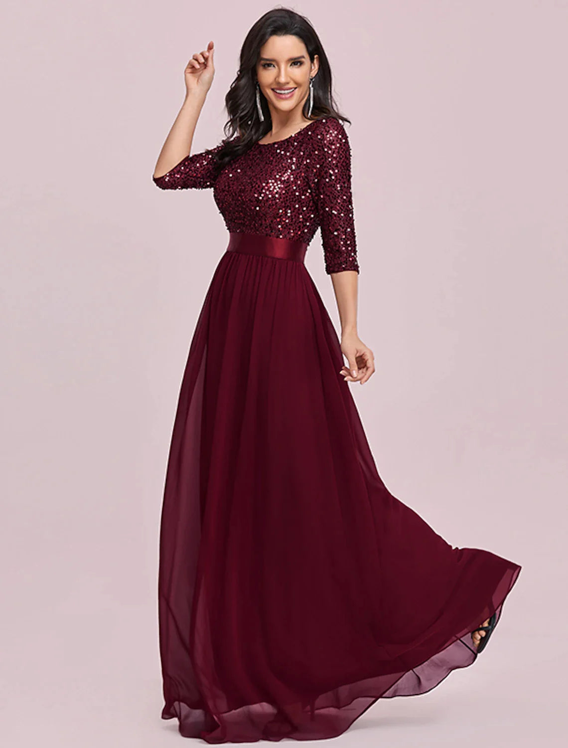 Wholesale A-Line Mother of the Bride Dress Wedding Guest Plus Size Elegant Jewel Neck Floor Length Tulle Sequined 3/4 Length Sleeve with Sequin Fall