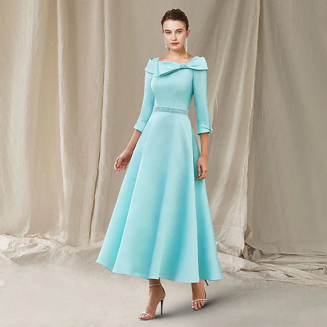 Wholesale A-Line Mother of the Bride Dress Wedding Guest Luxurious Elegant Bateau Neck Ankle Length Satin 3/4 Length Sleeve with Sash / Ribbon Bow(s) Beading
