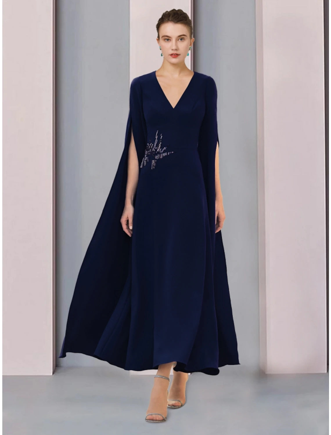 Wholesale A-Line Mother of the Bride Dress Wedding Guest Elegant V Neck Ankle Length Stretch Chiffon Half Sleeve with Sequin Ruching Solid Color