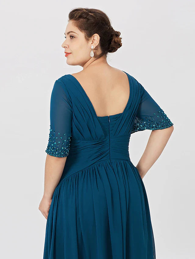 Wholesale Ball Gown A-Line Mother of the Bride Dress Formal Classic & Timeless Elegant & Luxurious Plus Size Square Neck Floor Length Chiffon Short Sleeve No with Pleats Beading