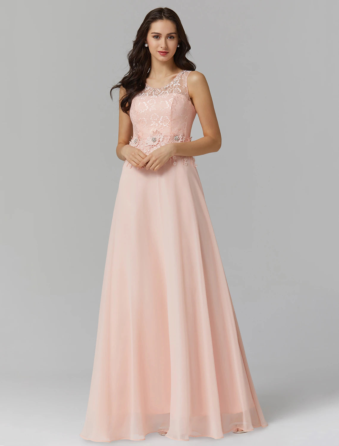 Wholesale  A-Line Empire Dress Wedding Guest Prom Floor Length Sleeveless Illusion Neck Bridesmaid Dress Chiffon with Beading Appliques