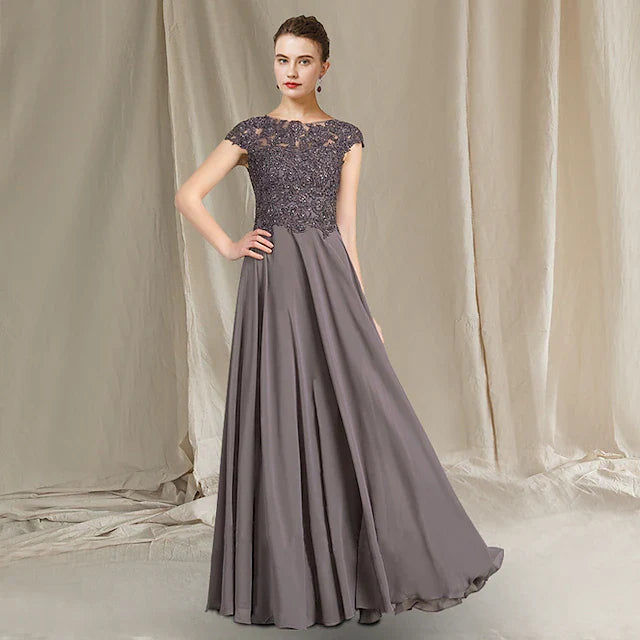Wholesale A-Line Mother of the Bride Dress Elegant Jewel Neck Floor Length Chiffon Lace Cap Sleeve with Pleats Appliques