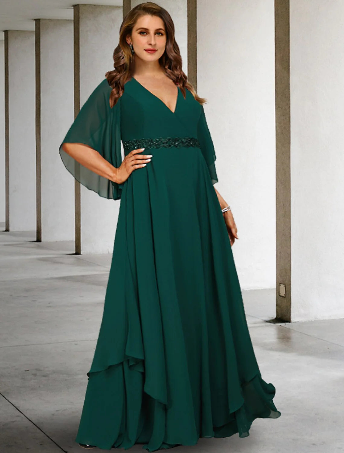 Wholesale A-Line Mother of the Bride Dresses Plus Size Hide Belly Curve Elegant Dress Formal Sweep / Brush Train Half Sleeve V Neck Chiffon with Ruffles Strappy