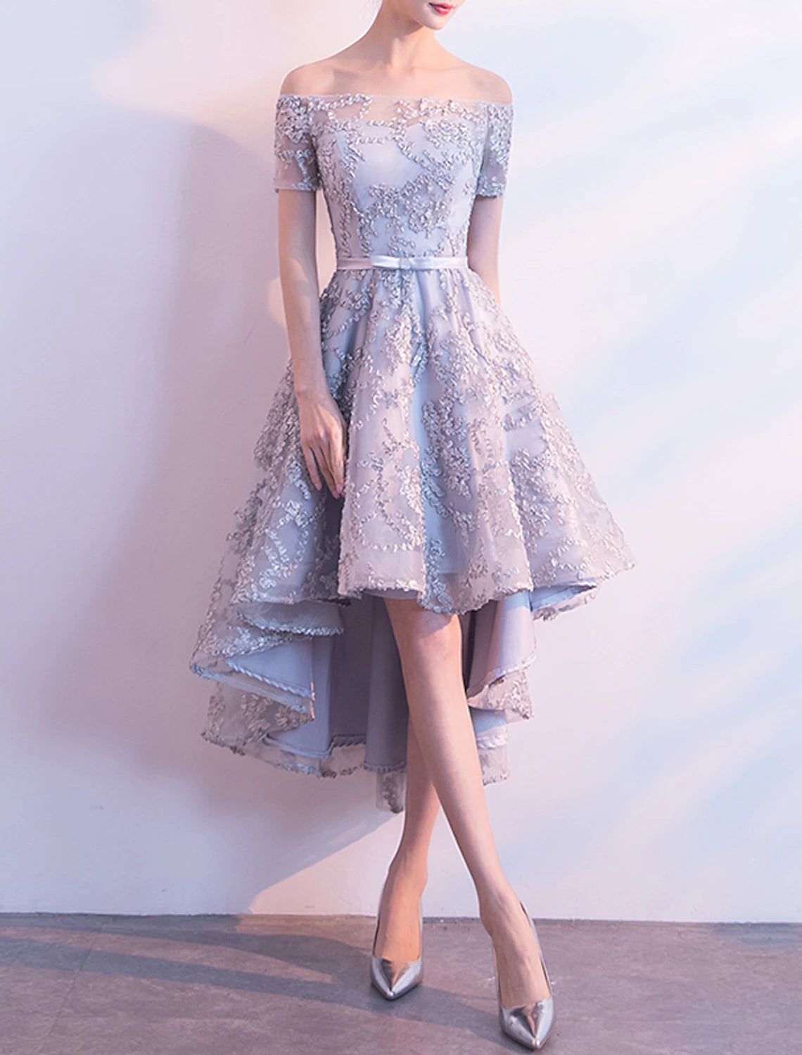 Wholesale A-Line Cocktail Dresses Minimalist Dress Wedding Guest Homecoming Asymmetrical Short Sleeve Off Shoulder Tulle with Bow(s) Pleats