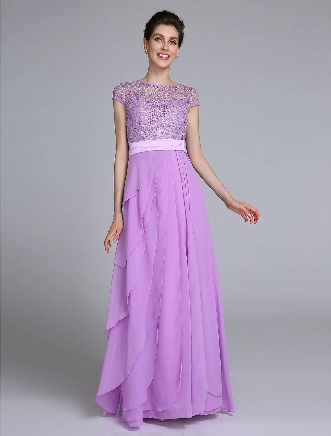 Wholesale Sheath / Column Mother of the Bride Dress See Through Jewel Neck Floor Length Chiffon Short Sleeve No with Lace