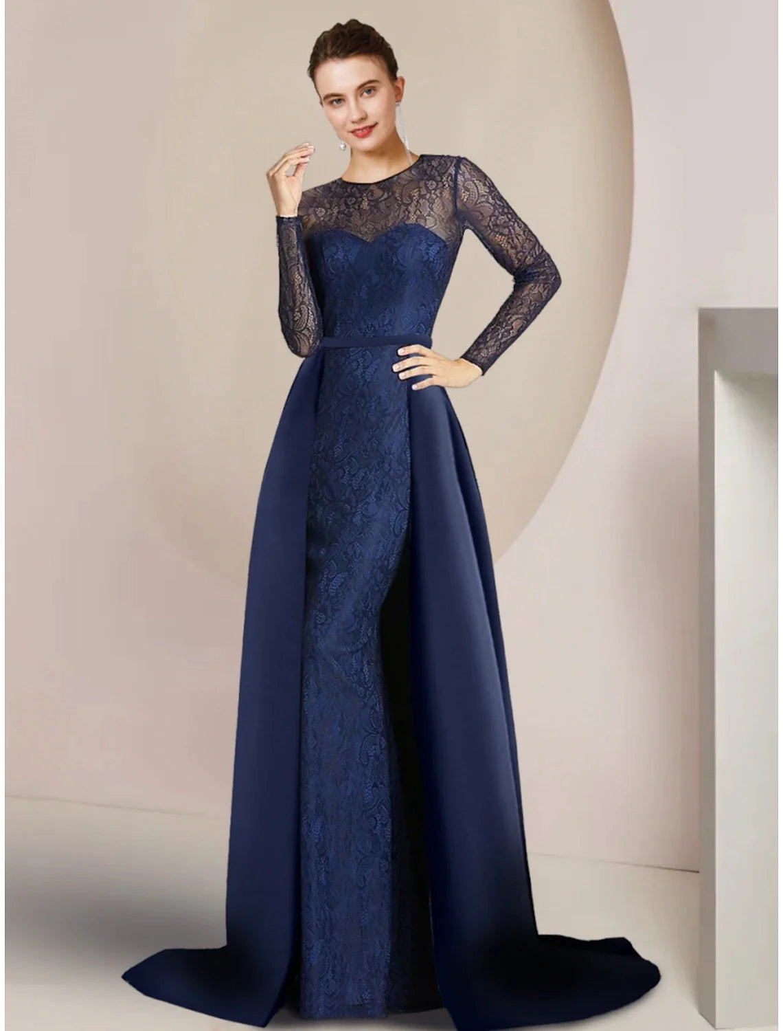 Wholesale A-Line Mother of the Bride Dress Wedding Guest Party Elegant Jewel Neck Sweep / Brush Train Lace Long Sleeve with Ruching Solid Color