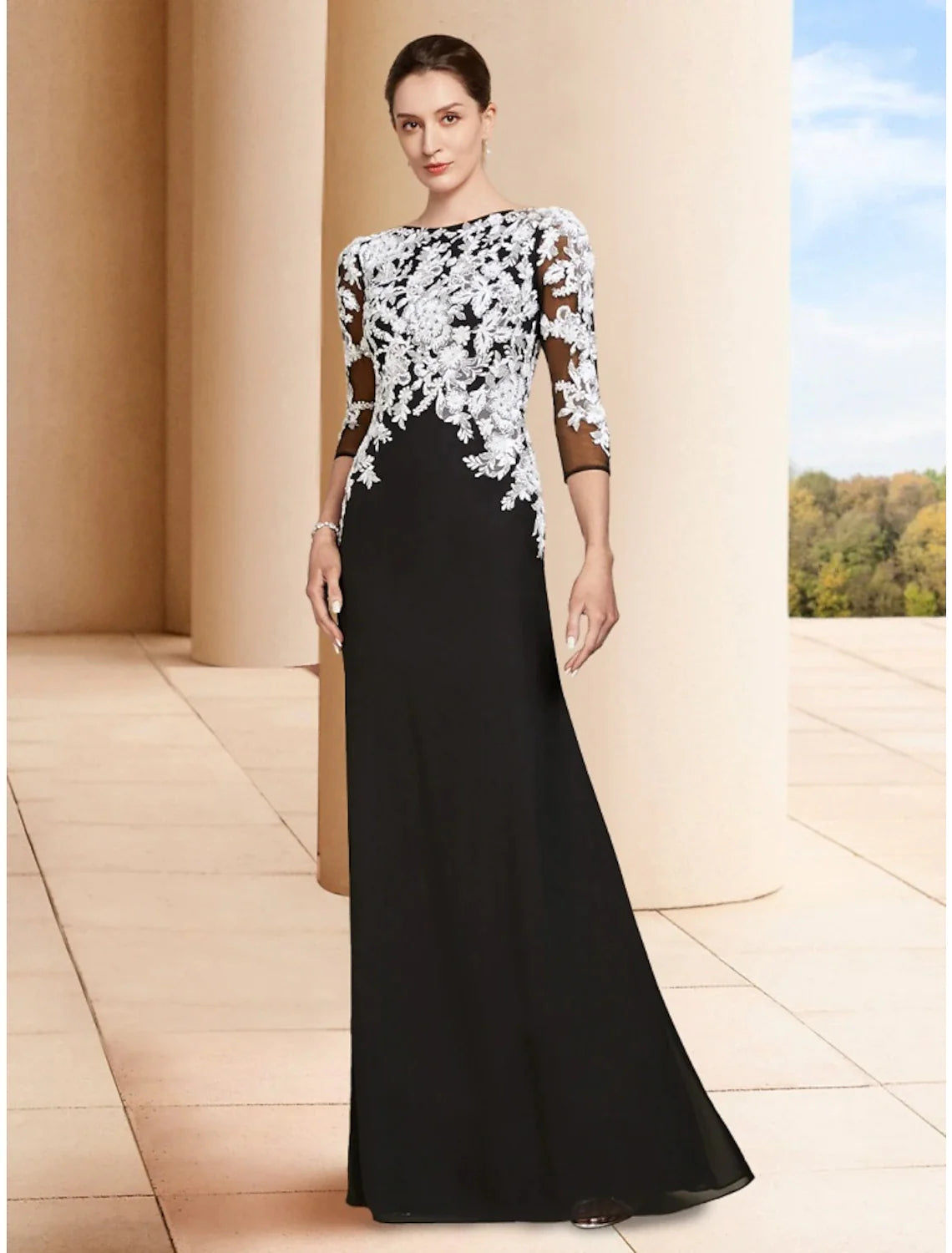 Wholesale Sheath / Column Mother of the Bride Dress Wedding Guest Elegant Jewel Neck Floor Length Stretch Chiffon 3/4 Length Sleeve with Lace Ruching