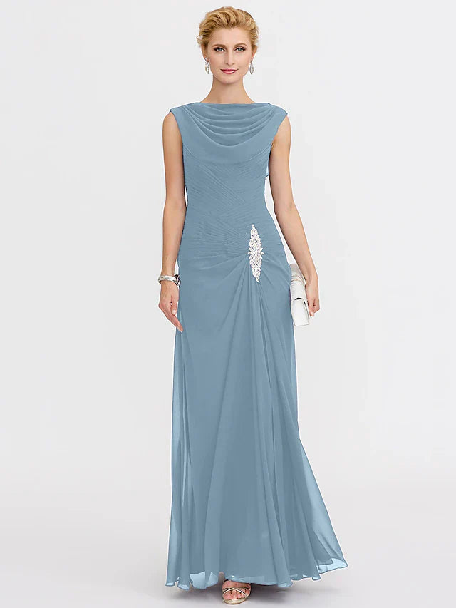 Wholesale Sheath / Column Mother of the Bride Dress Color Block Lace Up Cowl Neck Ankle Length Chiffon Charmeuse Sleeveless with Criss Cross Beading