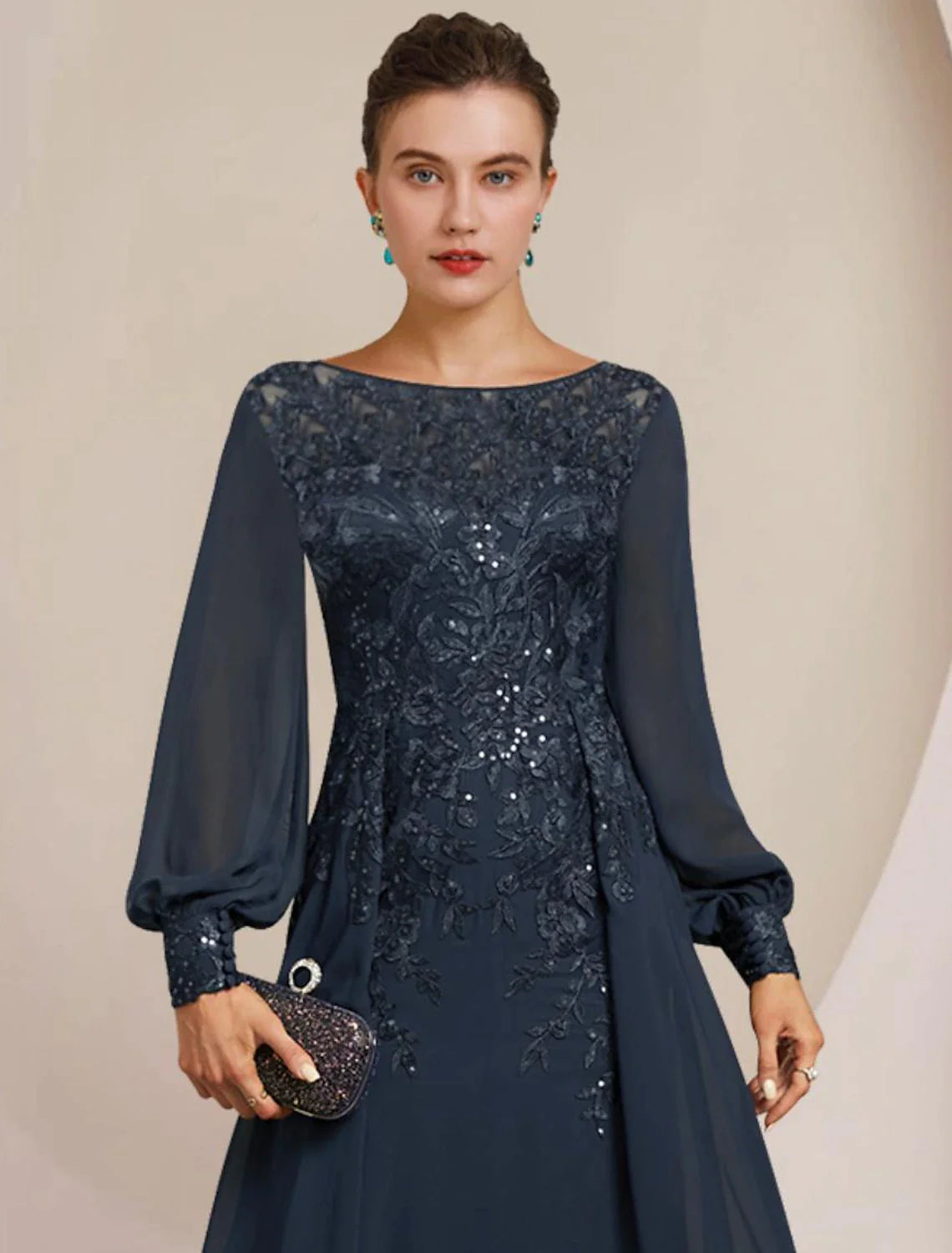 Wholesale Sheath / Column Mother of the Bride Dress Formal Wedding Guest Elegant Scoop Neck Floor Length Chiffon Lace Long Sleeve with Sequin Appliques