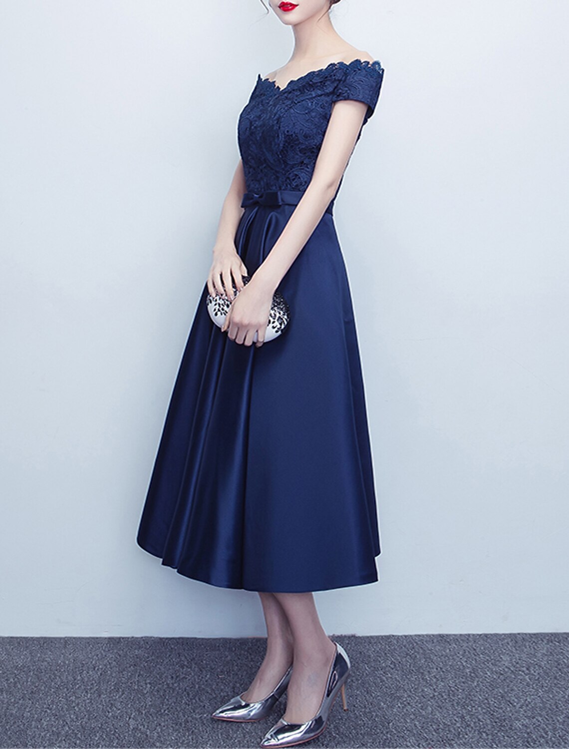 Wholesale A-Line Cocktail Dresses Minimalist Dress Party Wear Wedding Guest Tea Length Short Sleeve Off Shoulder Satin with Sash / Ribbon Bow(s) Pleats