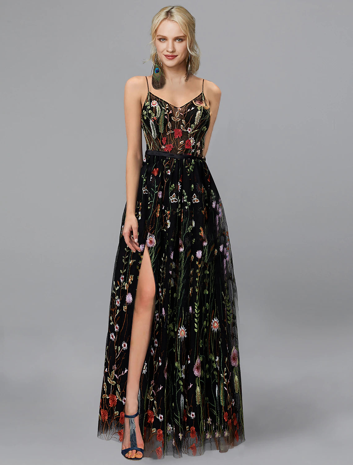 Wholesale  A-Line Prom Dresses Floral Dress Wedding Guest Formal Evening Floor Length Sleeveless Spaghetti Strap Chiffon with Slit Appliques