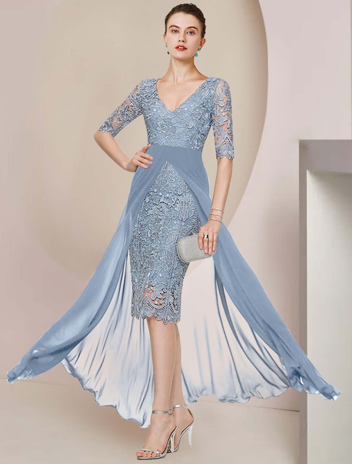 Wholesale  Sheath / Column Mother of the Bride Dress Formal Wedding Guest Elegant V Neck Knee Length Chiffon Lace Half Sleeve with Appliques