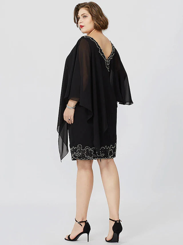 Wholesale Sheath / Column Mother of the Bride Dress Formal Classic & Timeless Elegant & Luxurious Plus Size V Neck Knee Length Chiffon Sleeveless No with Crystals Beading