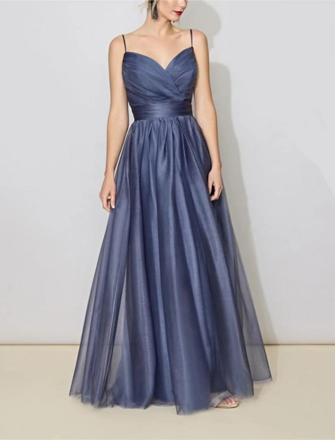 Wholesale A-Line Bridesmaid Dress V Neck Sleeveless Elegant Floor Length Tulle with Ruching