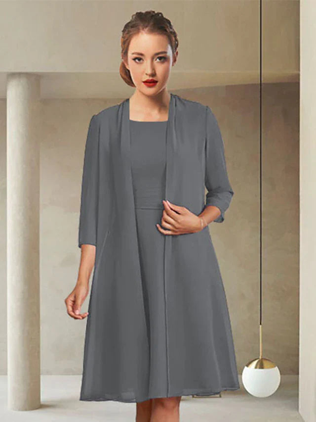 Wholesale Two Piece Sheath / Column Mother of the Bride Dress Elegant Jewel Neck Knee Length Chiffon 3/4 Length Sleeve Jacket Dresses with Ruching