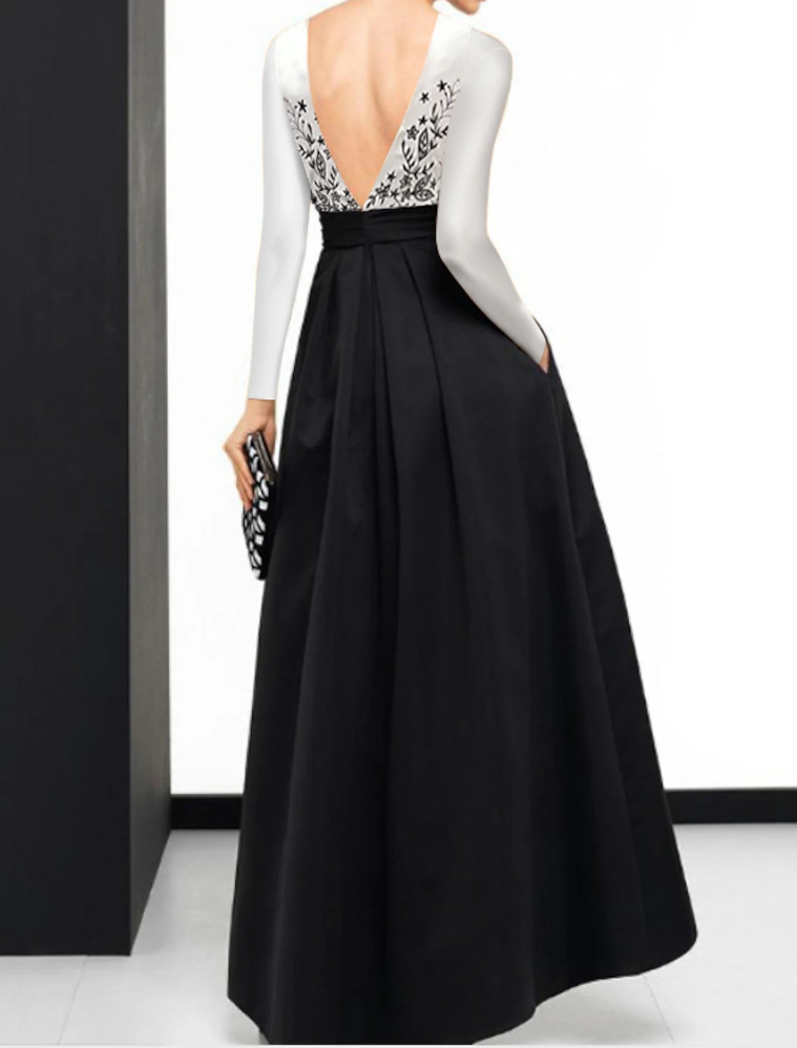 Wholesale A-Line Cocktail Dresses Elegant Dress Wedding Guest Semi Formal Asymmetrical Long Sleeve Jewel Neck Satin with Pattern / Print Splicing