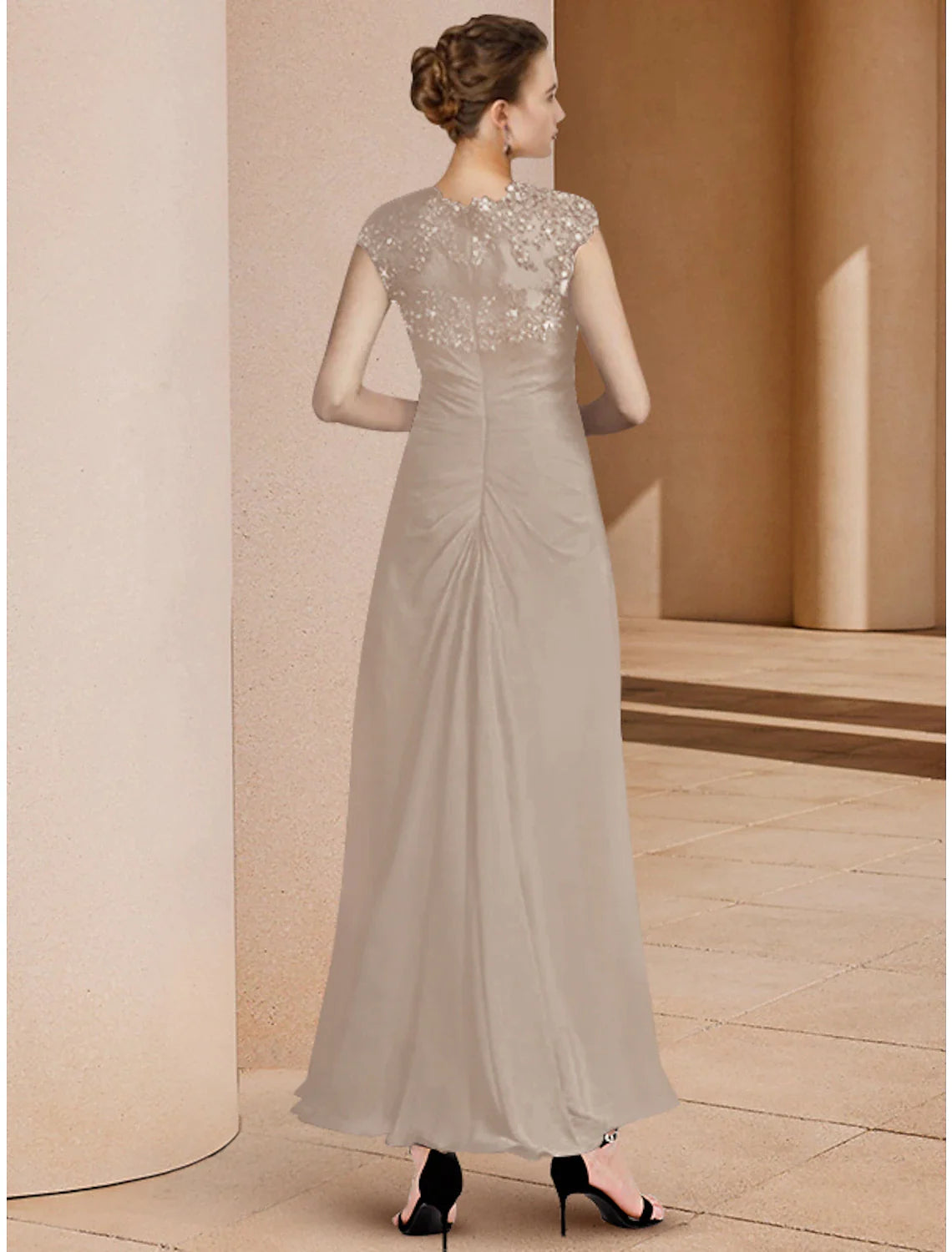 Wholesale Two Piece A-Line Mother of the Bride Dress Formal Wedding Guest Elegant Sweetheart Ankle Length Chiffon Lace Sequined 3/4 Length Sleeve Jacket Dresses with Sequin Ruching