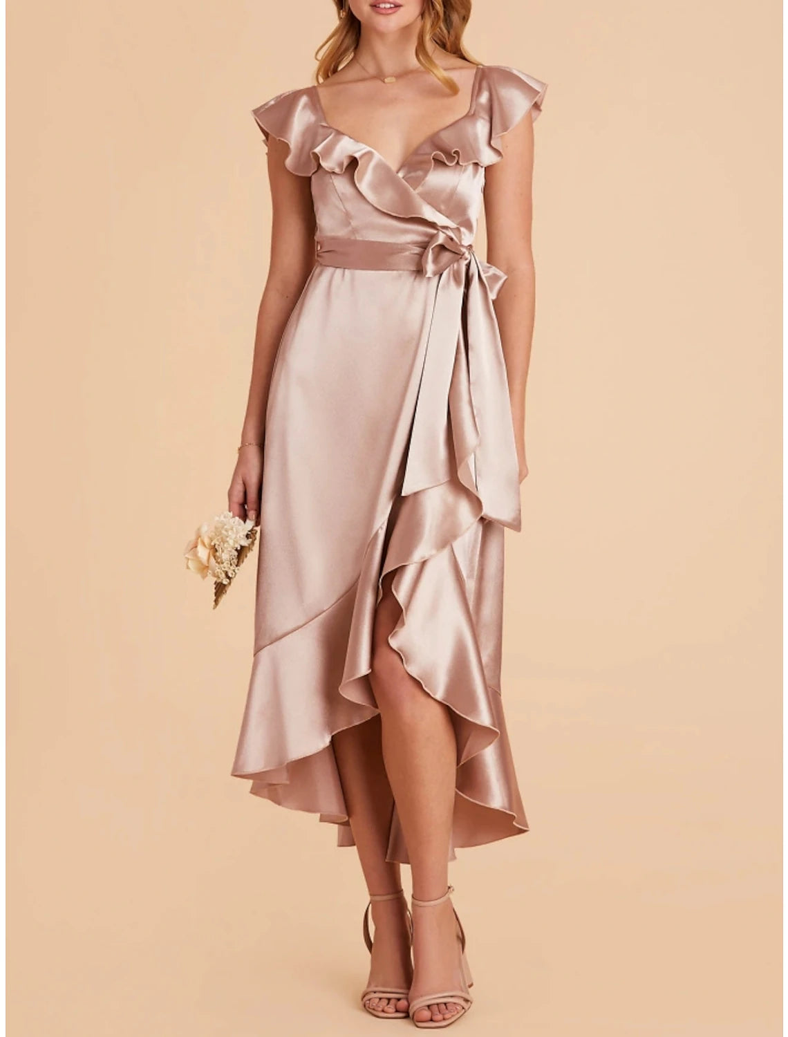 Wholesale A-Line Bridesmaid Dress V Neck Short Sleeve Pink Asymmetrical Stretch Satin with Sash / Ribbon / Ruffles / Split Front