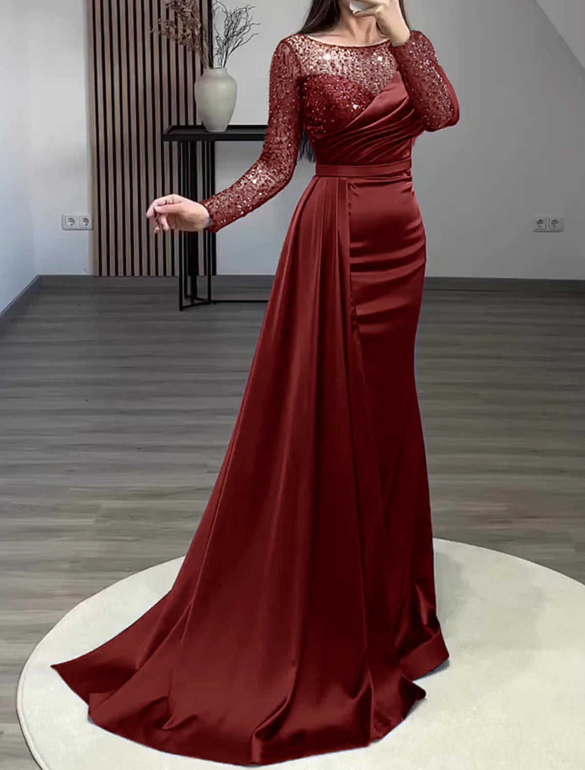 Wholesale Mermaid Dress Evening Gown Christmas Red Green Dress Formal Wedding Guest Court Train Long Sleeve Jewel Neck Charmeuse with Ruched Pearls Sequin