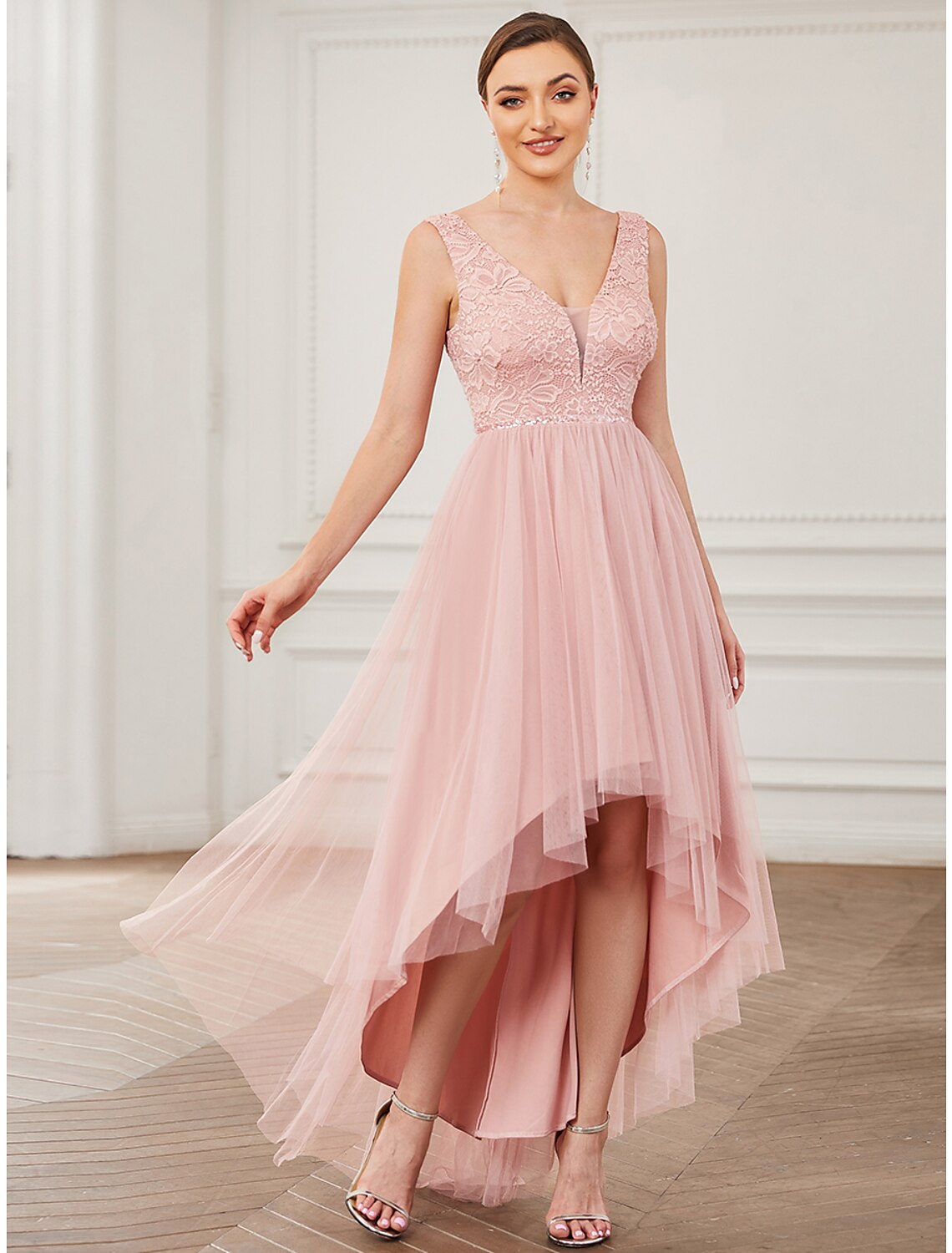 Wholesale  A-Line Bridesmaid Dress V Neck Sleeveless Elegant Short / Mini Lace / Tulle with Draping / Ruching
