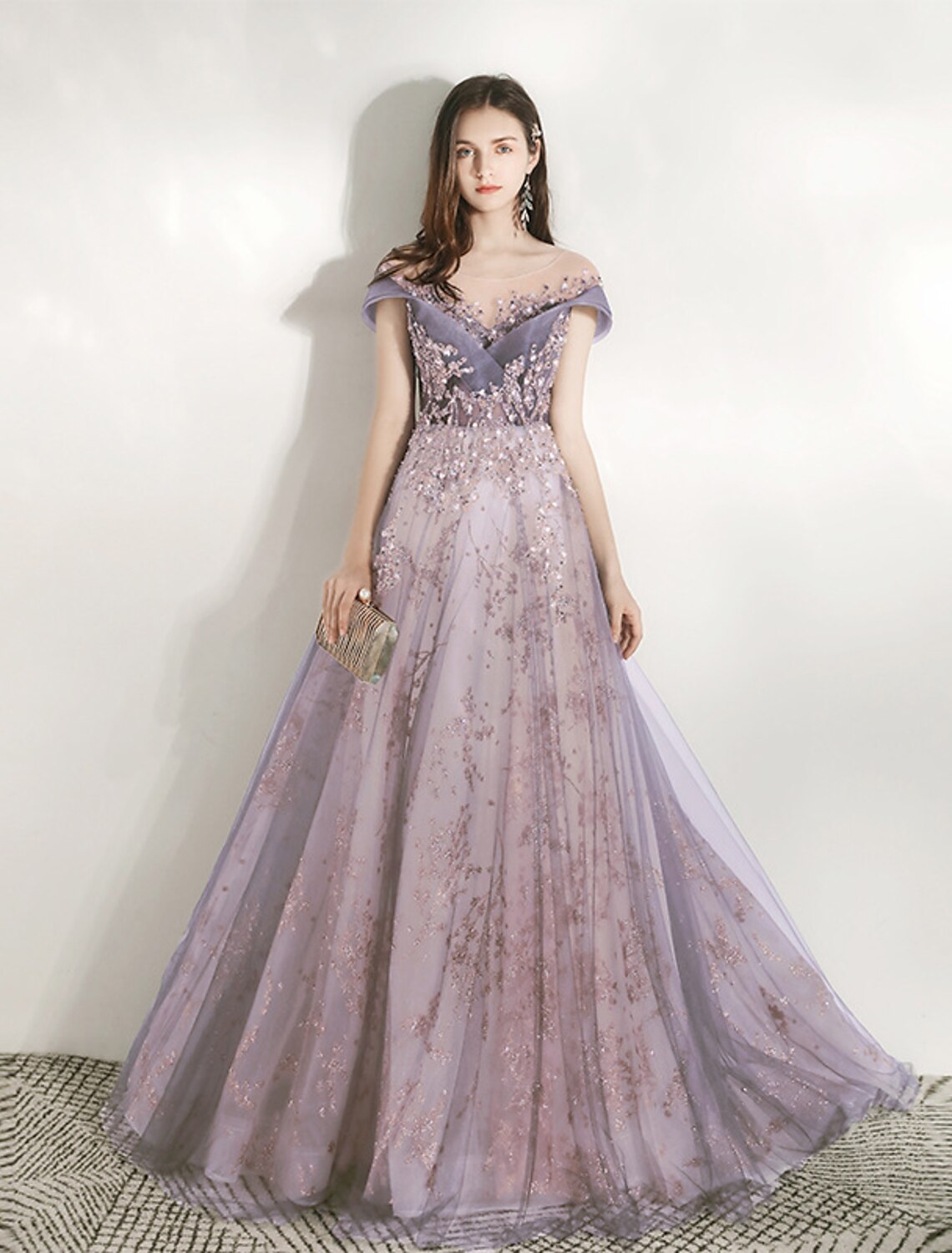 Wholesale A-Line Bridesmaid Dress Jewel Neck Short Sleeve Beautiful Back Floor Length Tulle with Crystals / Bandage