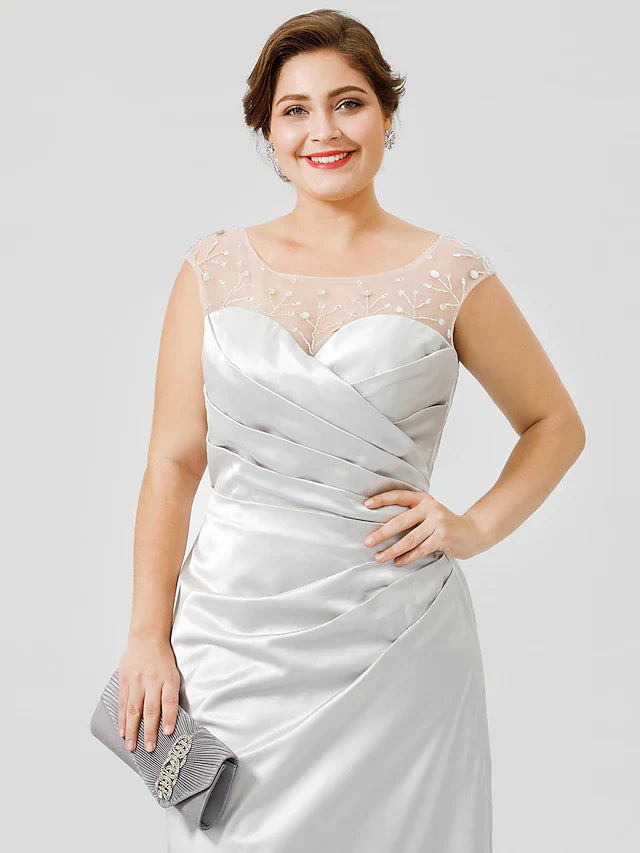 Wholesale Sheath / Column Mother of the Bride Dress Classic & Timeless Elegant & Luxurious Plus Size Jewel Neck Floor Length Satin Sleeveless No with Pleats Crystals