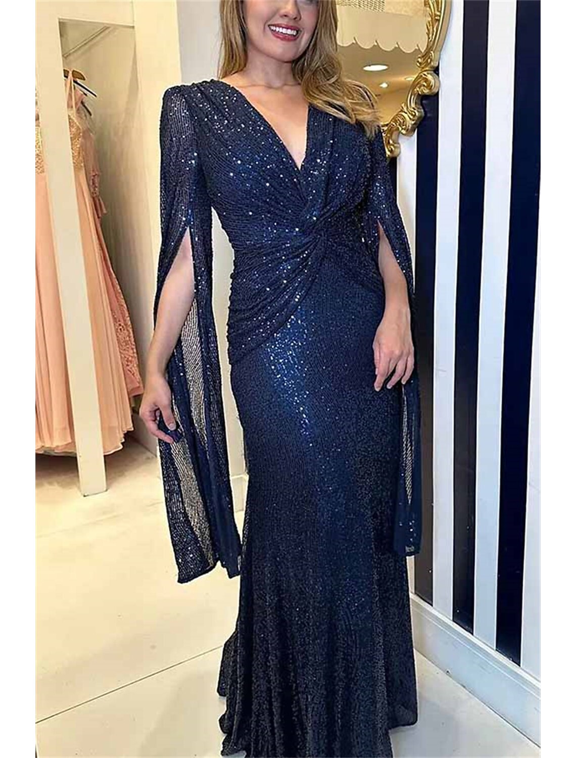 Wholesale Mermaid / Trumpet Evening Gown Elegant Dress Formal Wedding Guest Floor Length Sleeveless V Neck Capes Sequined with Ruched Sequin