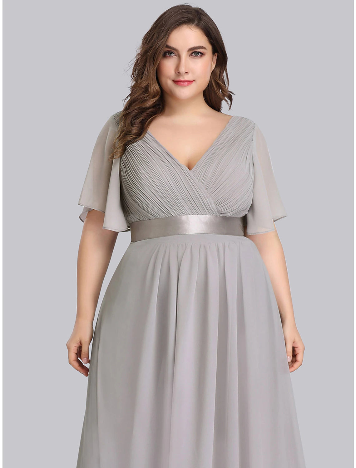 Wholesale A-Line Empire Fall Wedding Guest Dress For Bridesmaid Plus Size Formal Evening Dress V Neck Short Sleeve Floor Length Chiffon with Pleats Ruched