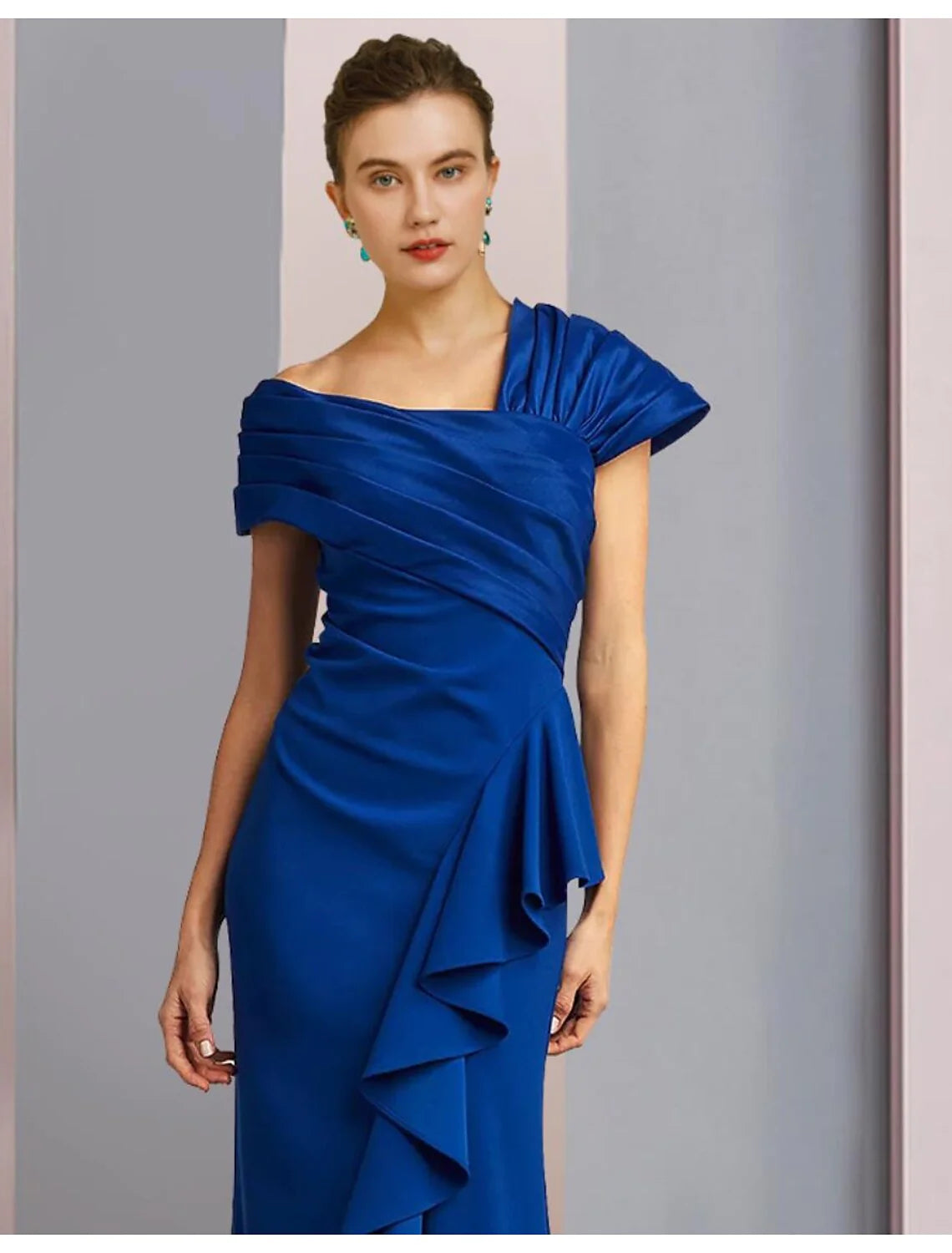 Wholesale Mermaid / Trumpet Mother of the Bride Dress Formal Wedding Guest Elegant One Shoulder Sweep / Brush Train Satin Sleeveless with Ruched Ruffles