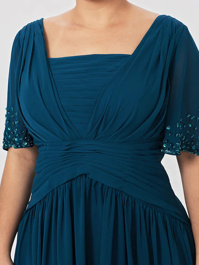 Wholesale Ball Gown A-Line Mother of the Bride Dress Formal Classic & Timeless Elegant & Luxurious Plus Size Square Neck Floor Length Chiffon Short Sleeve No with Pleats Beading