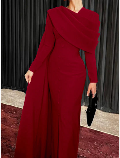 Wholesale Sheath / Column Red Black Christmas Red Green Dress Evening Gown Elegant Cape Dress Formal Fall Sweep / Brush Train Long Sleeve Cowl Neck Stretch Fabric with Buttons Slit