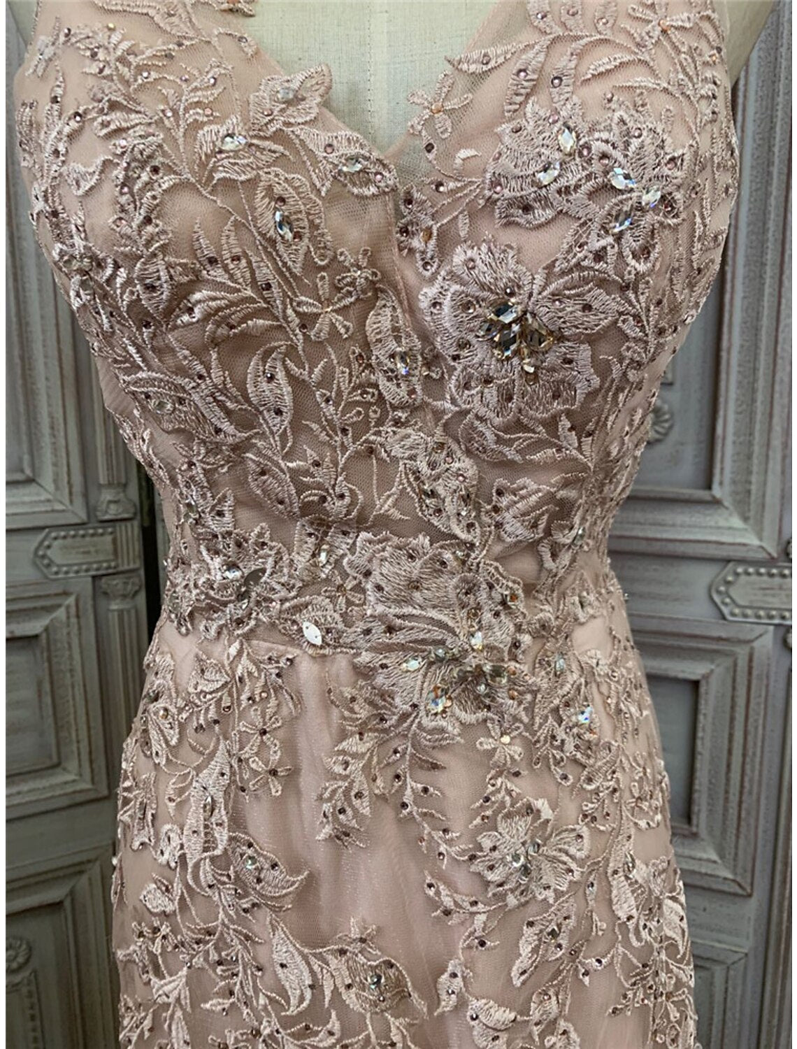 Wholesale  Mermaid / Trumpet Prom Dresses Maxi Dress Party Wear Wedding Party Sweep / Brush Train Sleeveless V Neck Tulle with Appliques