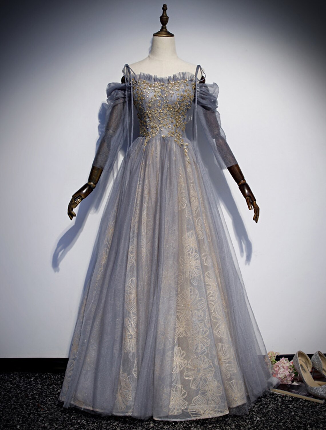 Wholesale A-Line Prom Dresses Glittering Dress Wedding Guest Engagement Floor Length 3/4 Length Sleeve Spaghetti Strap Tulle with Sequin Embroidery