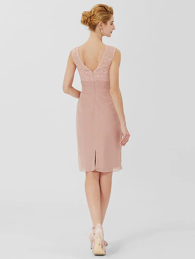 Wholesale Sheath / Column Mother of the Bride Dress Formal Classic & Timeless Elegant & Luxurious Convertible Dress Jewel Neck Knee Length Chiffon Sheer Lace 3/4 Length Sleeve with Sash / Ribbon