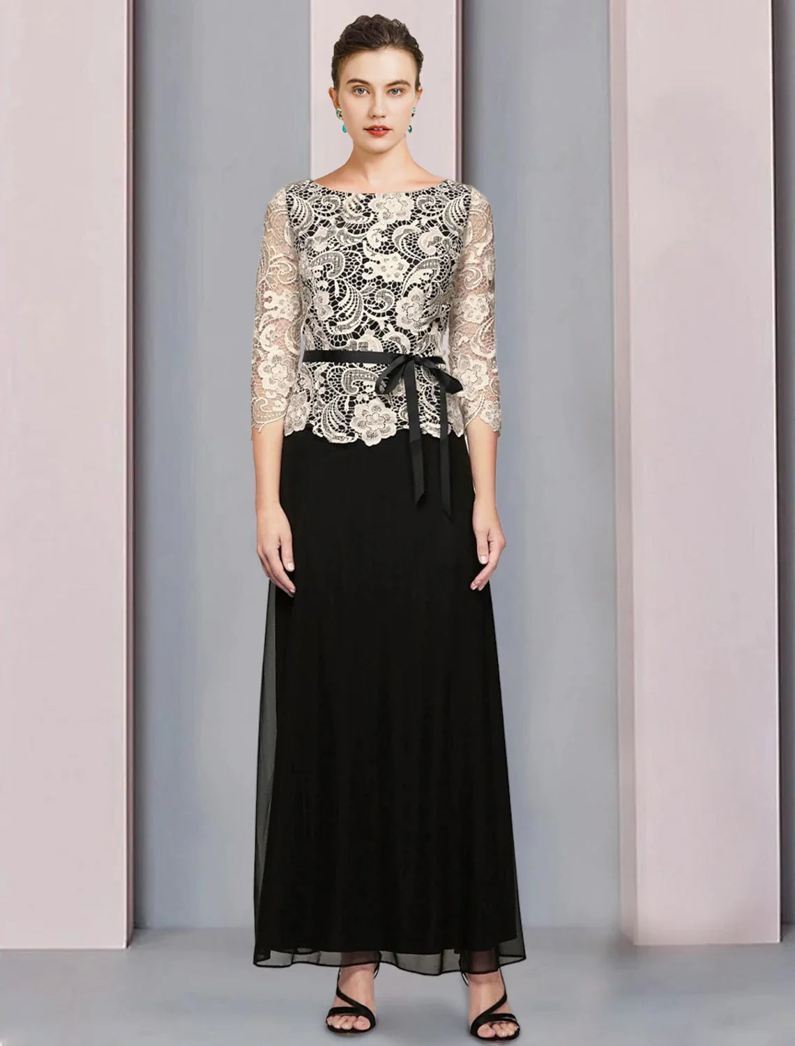 Wholesale A-Line Mother of the Bride Dress Formal Wedding Guest Elegant Scoop Neck Floor Length Chiffon Lace 3/4 Length Sleeve with Bow(s) Color Block